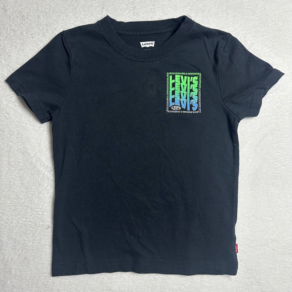 Levis Boys Black Graphic T-Shirt Green Blue Gradient Logo Tee Size 5/6